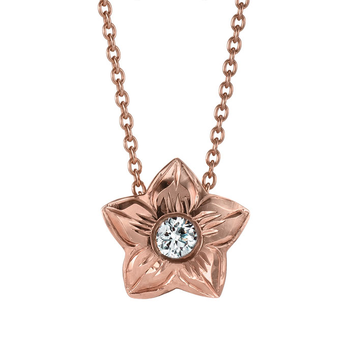 ハワイアンジュエリー 一粒ダイヤモンド プルメリア ネックレス K10あずきチェーン太さ0.7mm