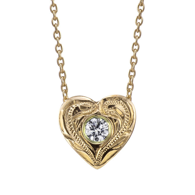 ハワイアンジュエリー 一粒ダイヤモンド ハート ネックレス K10あずきチェーン太さ0.7mm