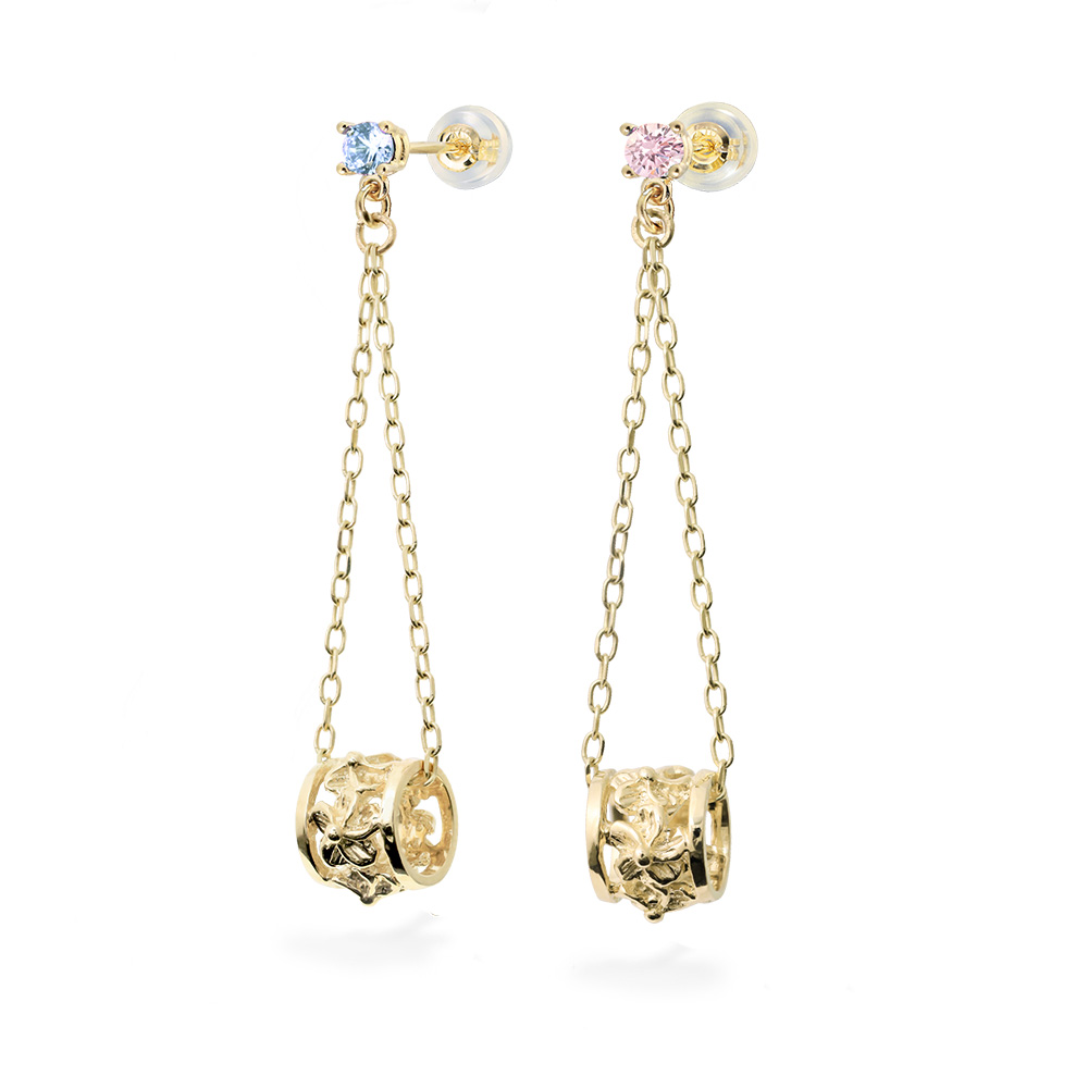 ハワイアンジュエリー カラーストーン 透かしバレル ロングピアス