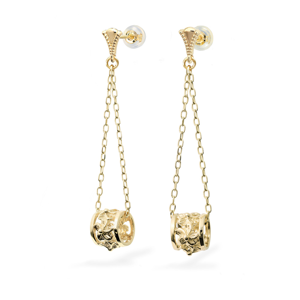 ハワイアンジュエリー ミル打ち ミルグレイン 透かしバレル ロングピアス