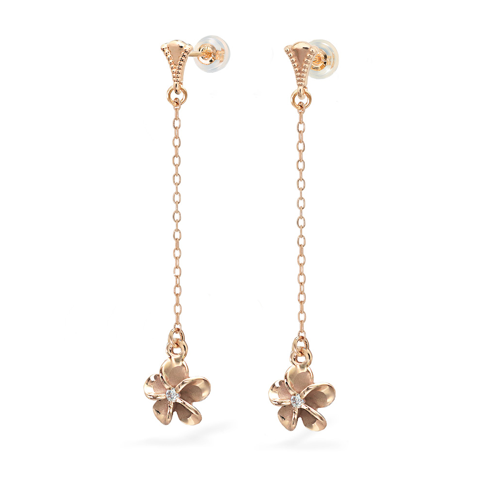 ハワイアンジュエリー ミル打ち ミルグレイン プルメリア ロングピアス