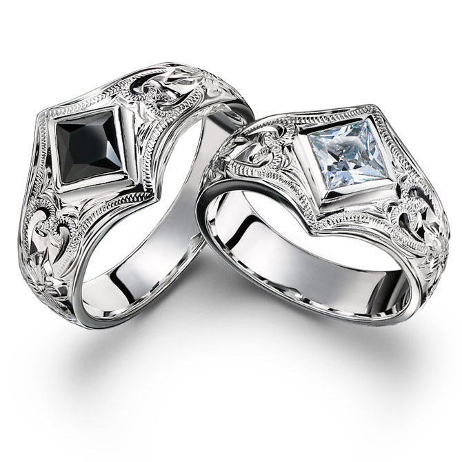 ハワイアンジュエリー シルバー925 ペアリング スクエアジルコニア ブラック＆ホワイト 指輪