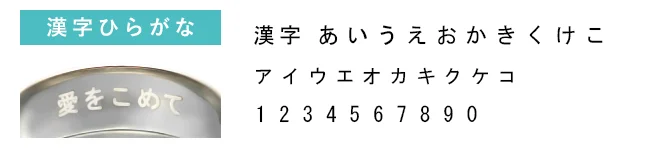漢字ひらがなの刻印見本「愛をこめて」と文字の一覧