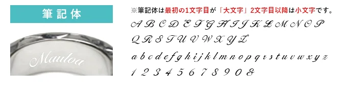 筆記体の刻印見本「Mauloa」と文字の一覧